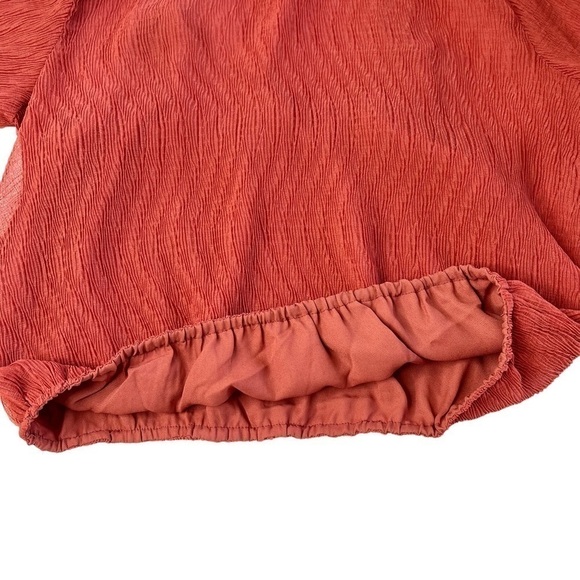 BY TOGETHER Sheer Chiffon Ruffle Mock Neck Long Sleeve Deep Orange Top Size S - Picture 10 of 14